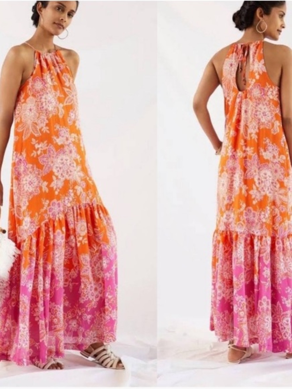 Anthropologie Maeve watercolor retro chic floral flounced halter maxi size L